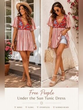 Free People Under the Sun Tunic Dress Red Floral Striped Boho Size L